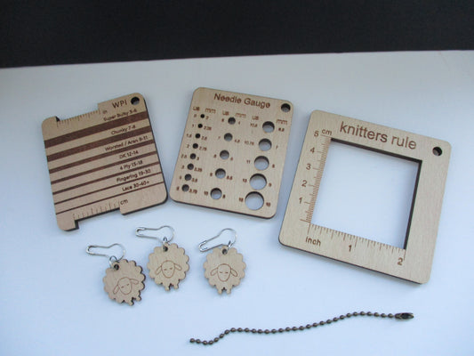 Wooden Knitting Needle Gauge, Sheep Stitch Markers, WPI tool and Ruler